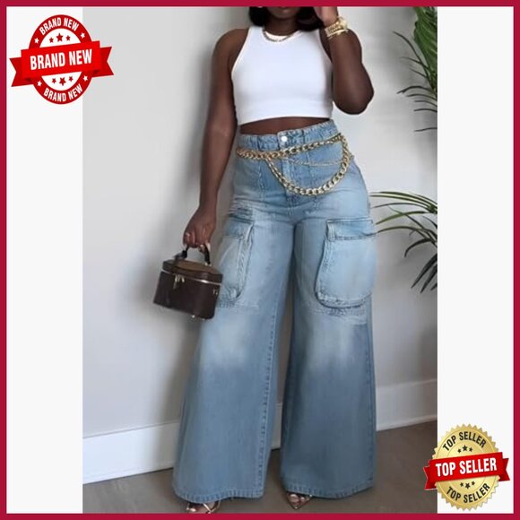 High Waist Wide Leg Jeans Distressed Raw Hem Y2K Baggy Boyfriend Denim - Picture 4 of 7